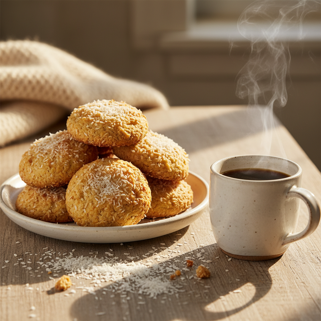 Coconut cookies on a plate with coffee