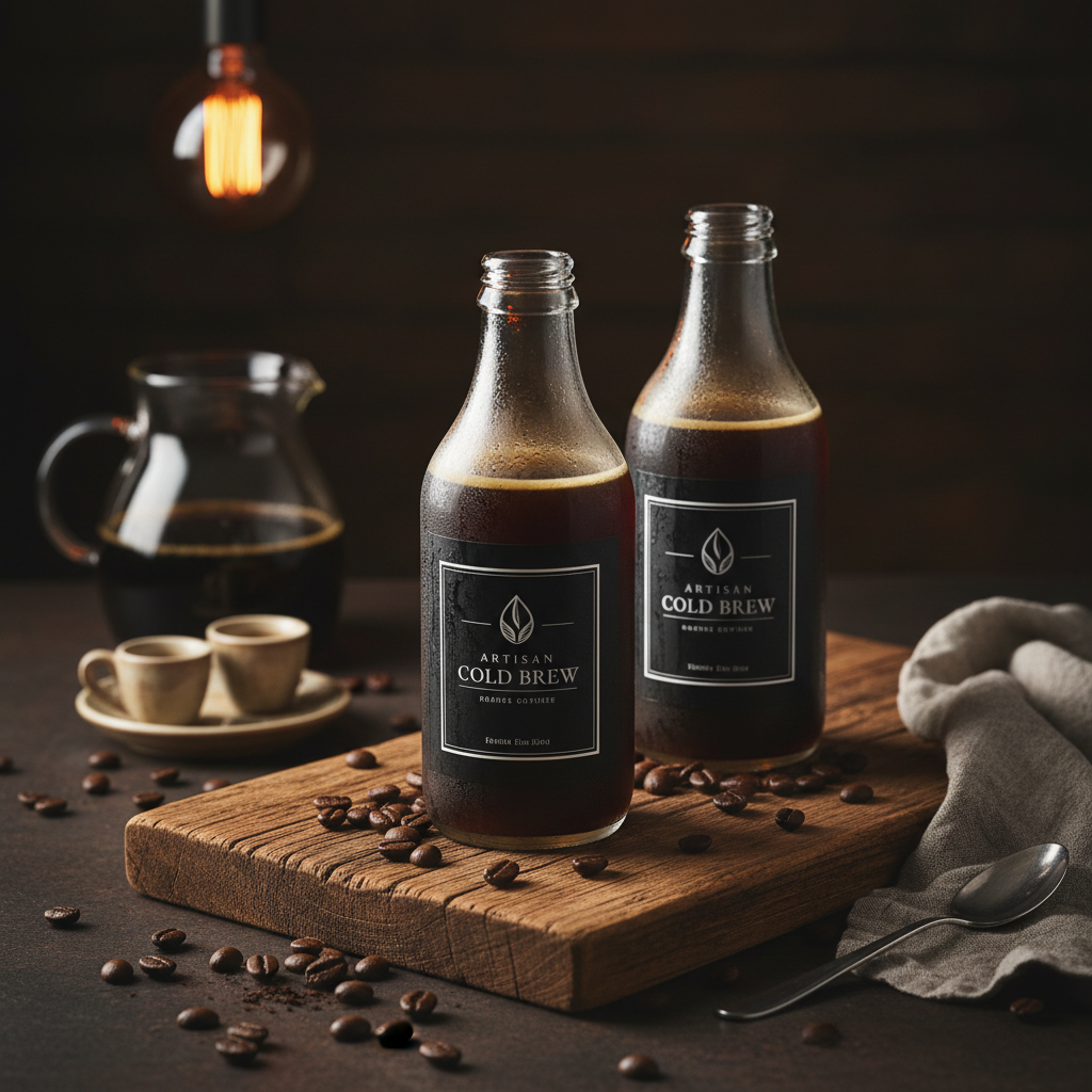 Cold brew coffee bottles with coffee beans