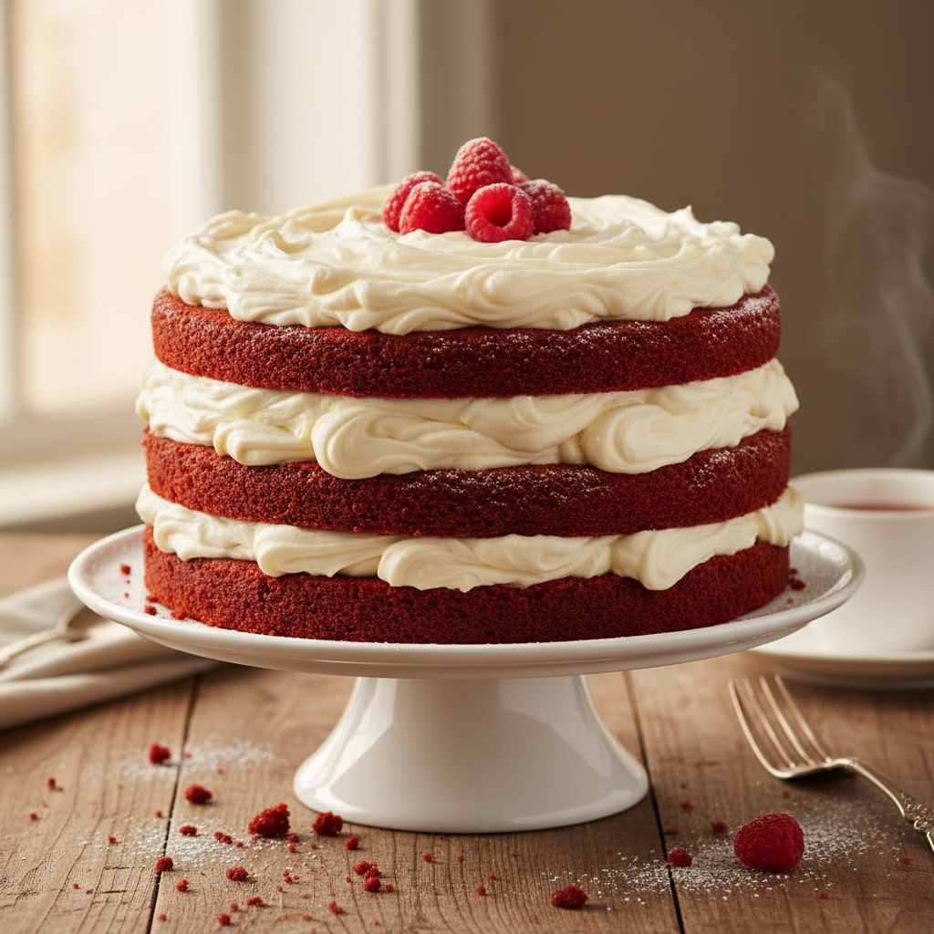Whole red velvet cake on white cake stand