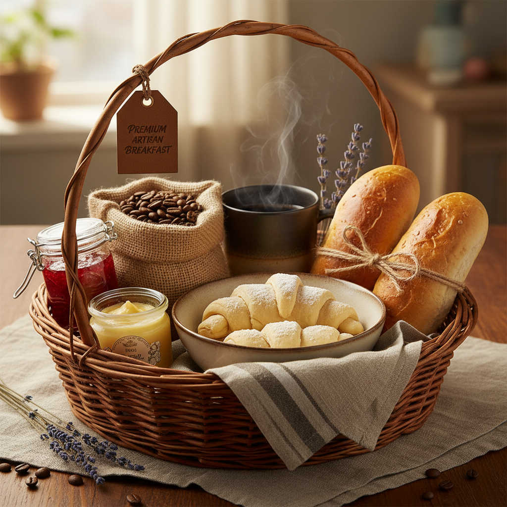 Artisan breakfast hamper in wicker basket