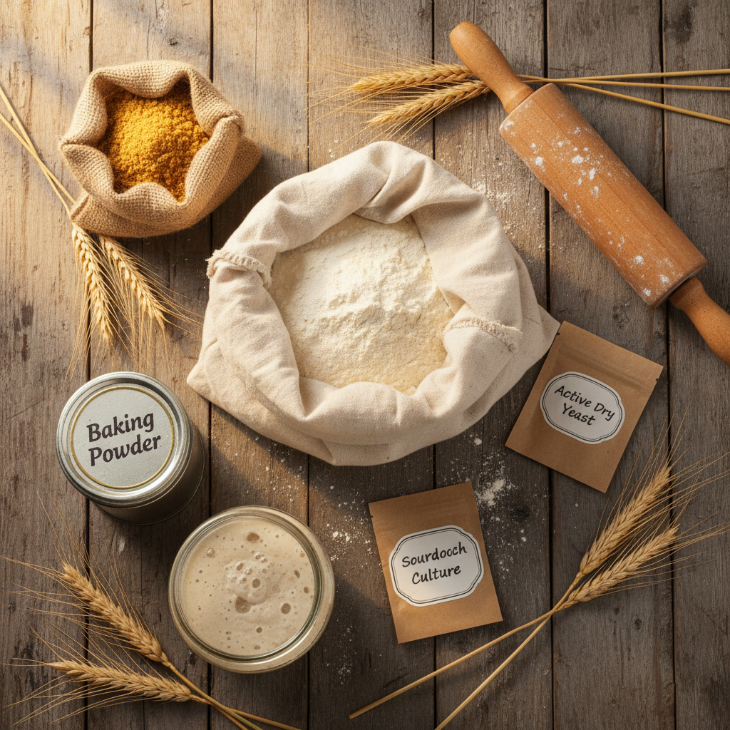 Baker's hamper flatlay on rustic wooden surface