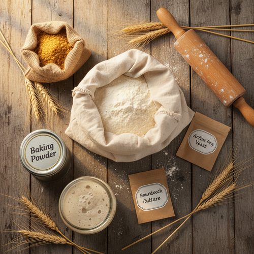 Baker's hamper flatlay on rustic wooden surface