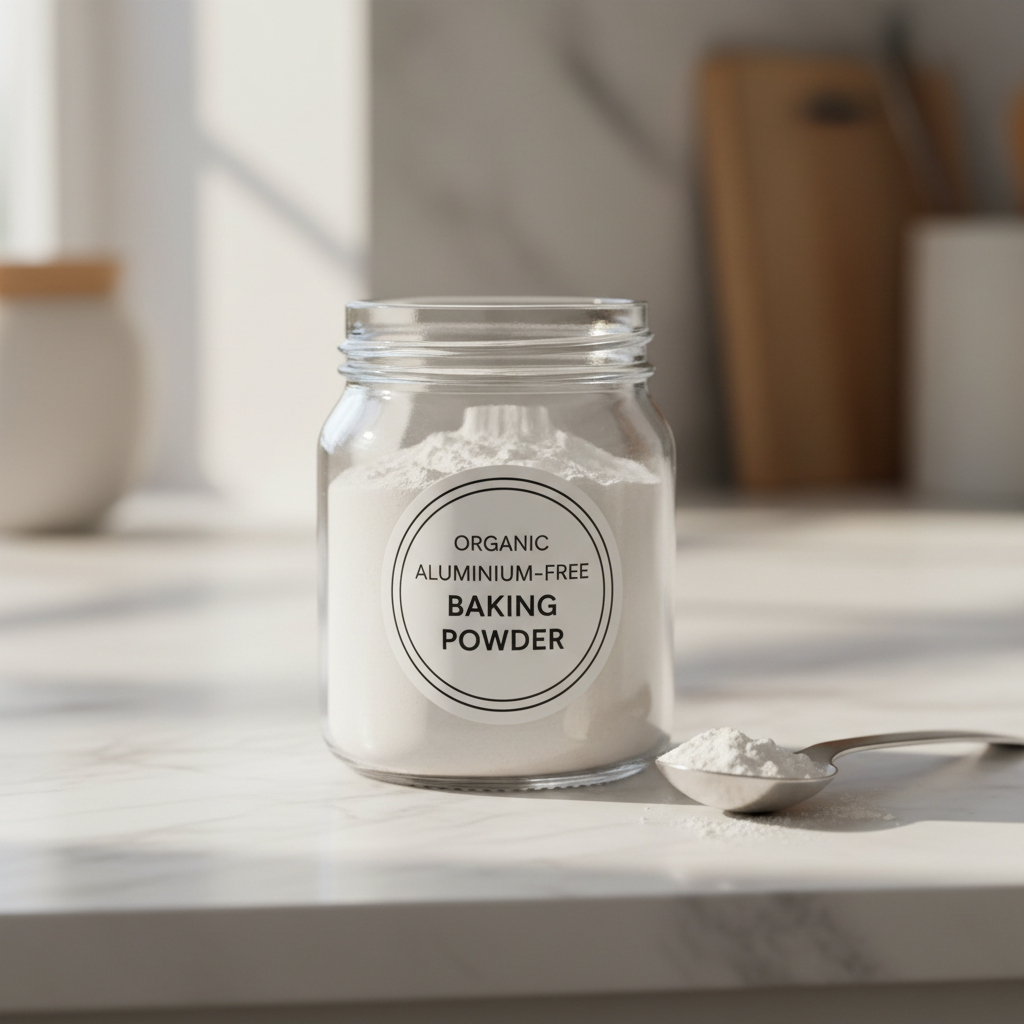 Glass jar of aluminium-free baking powder on white marble