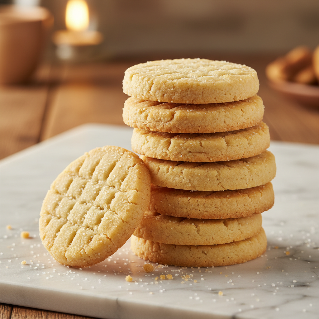 Stack of classic shortbread cookies on white marble