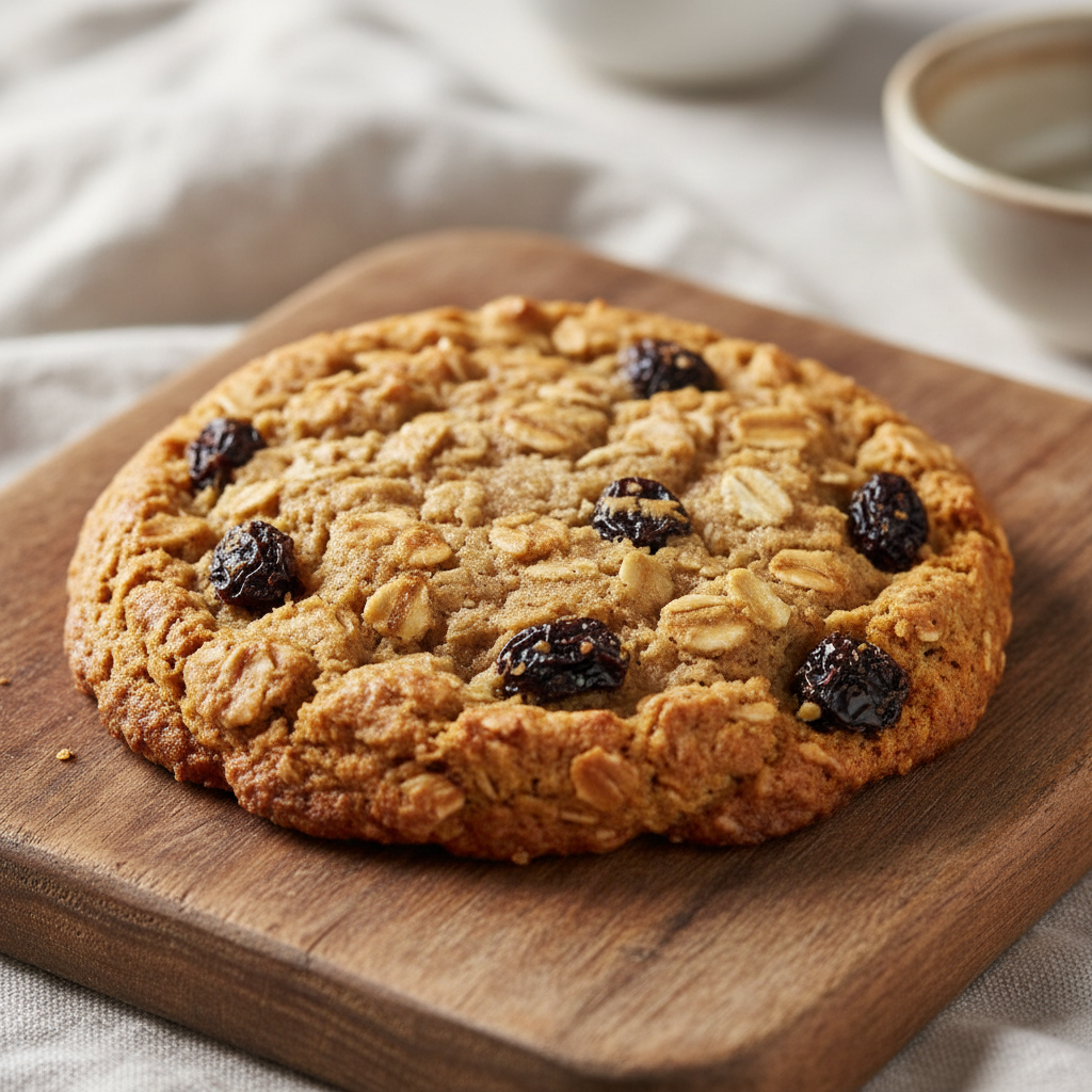 Close-up of oatmeal cookie showing oats and raisins