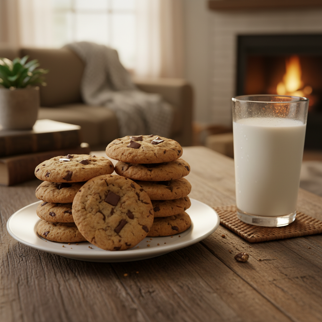 Chocolate chip cookies with a glass of cold milk