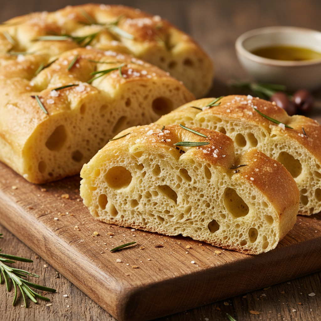 Focaccia sliced showing soft airy interior