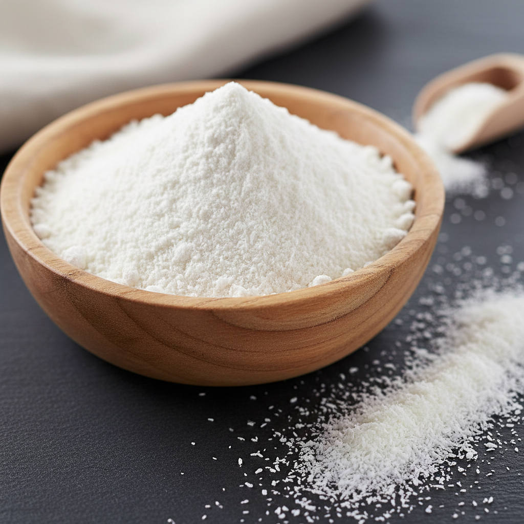 Close-up of coconut flour texture with coconut flakes