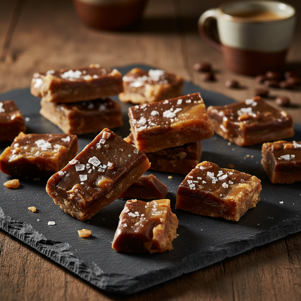 Handcrafted coffee toffee with sea salt on a dark slate board