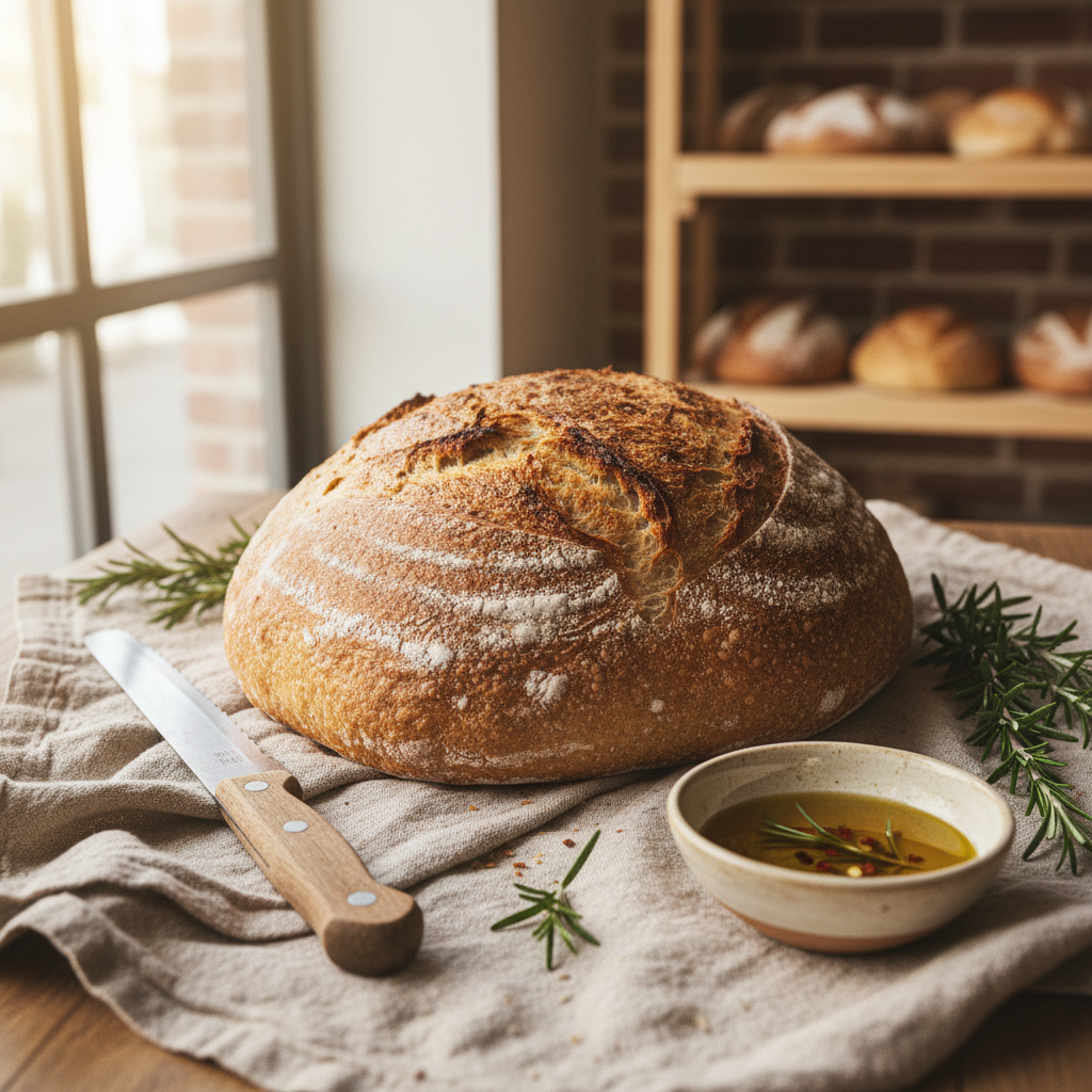 Sourdough bread lifestyle shot with olive oil and rosemary