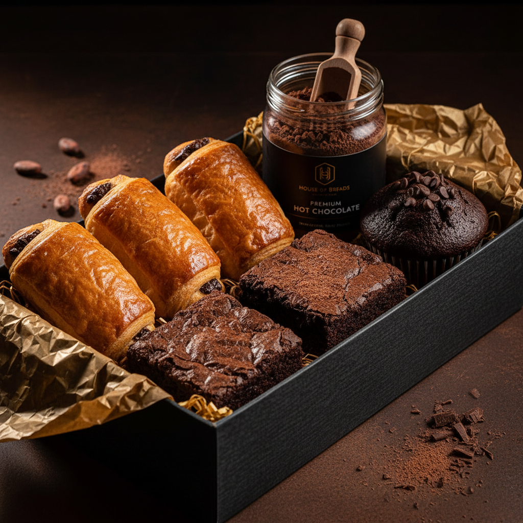 Chocolate hamper contents close-up in dark gift box
