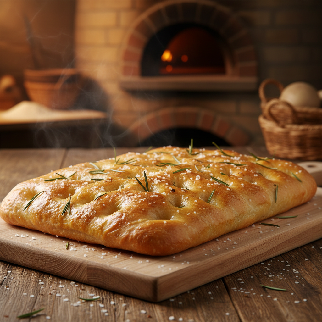 Freshly baked focaccia with rosemary and sea salt