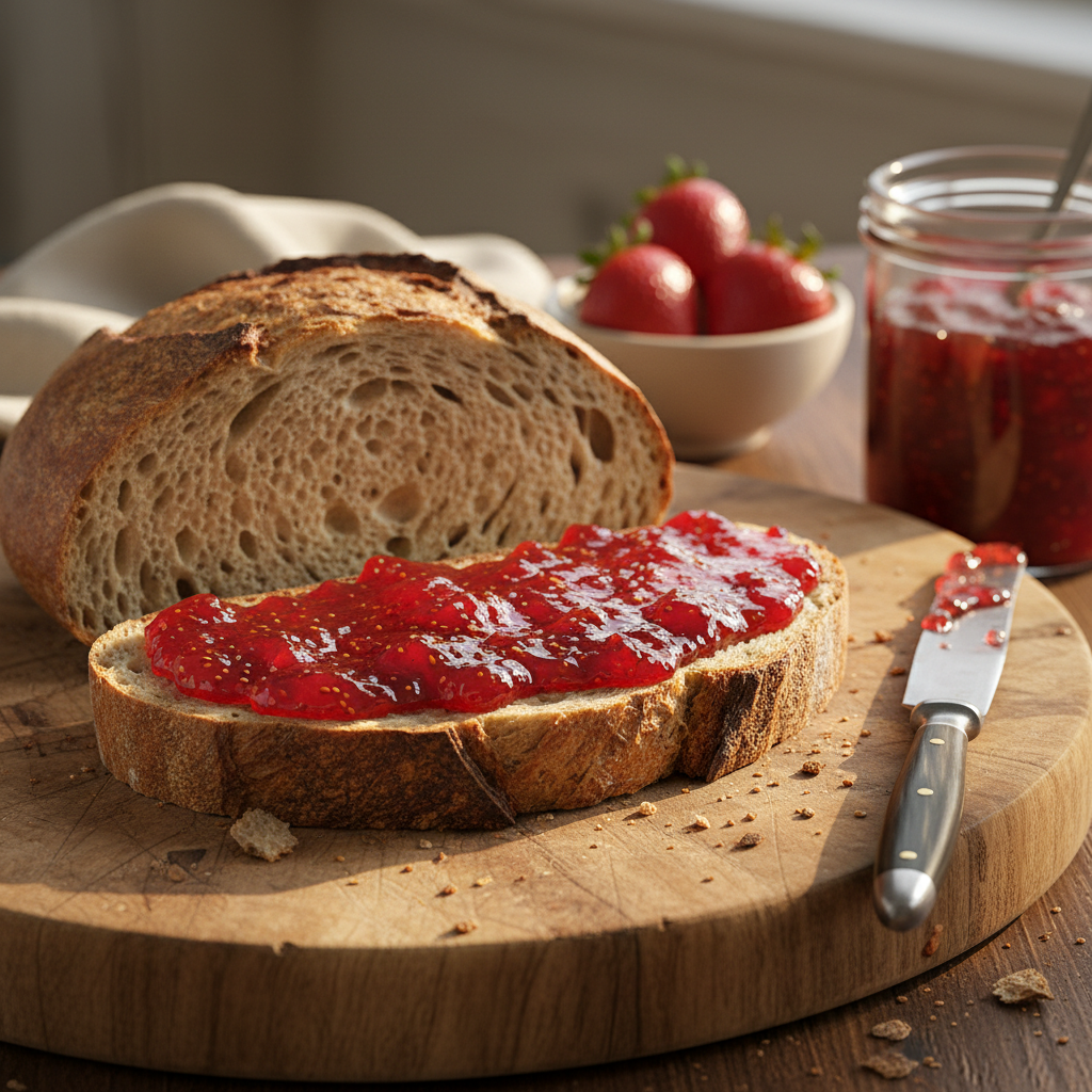 Strawberry jam spread on artisan bread slice