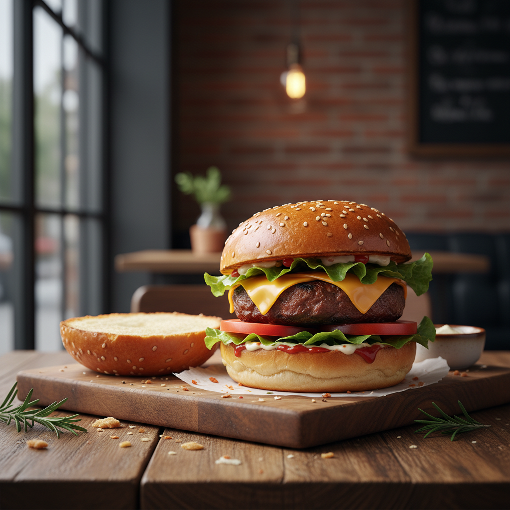 Burger buns lifestyle shot with gourmet burger