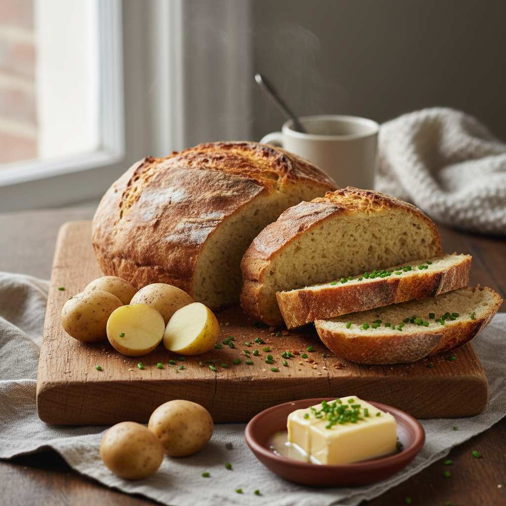 Potato bread lifestyle shot with potatoes and chives