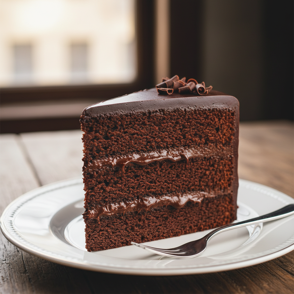 Slice of chocolate cake showing layers