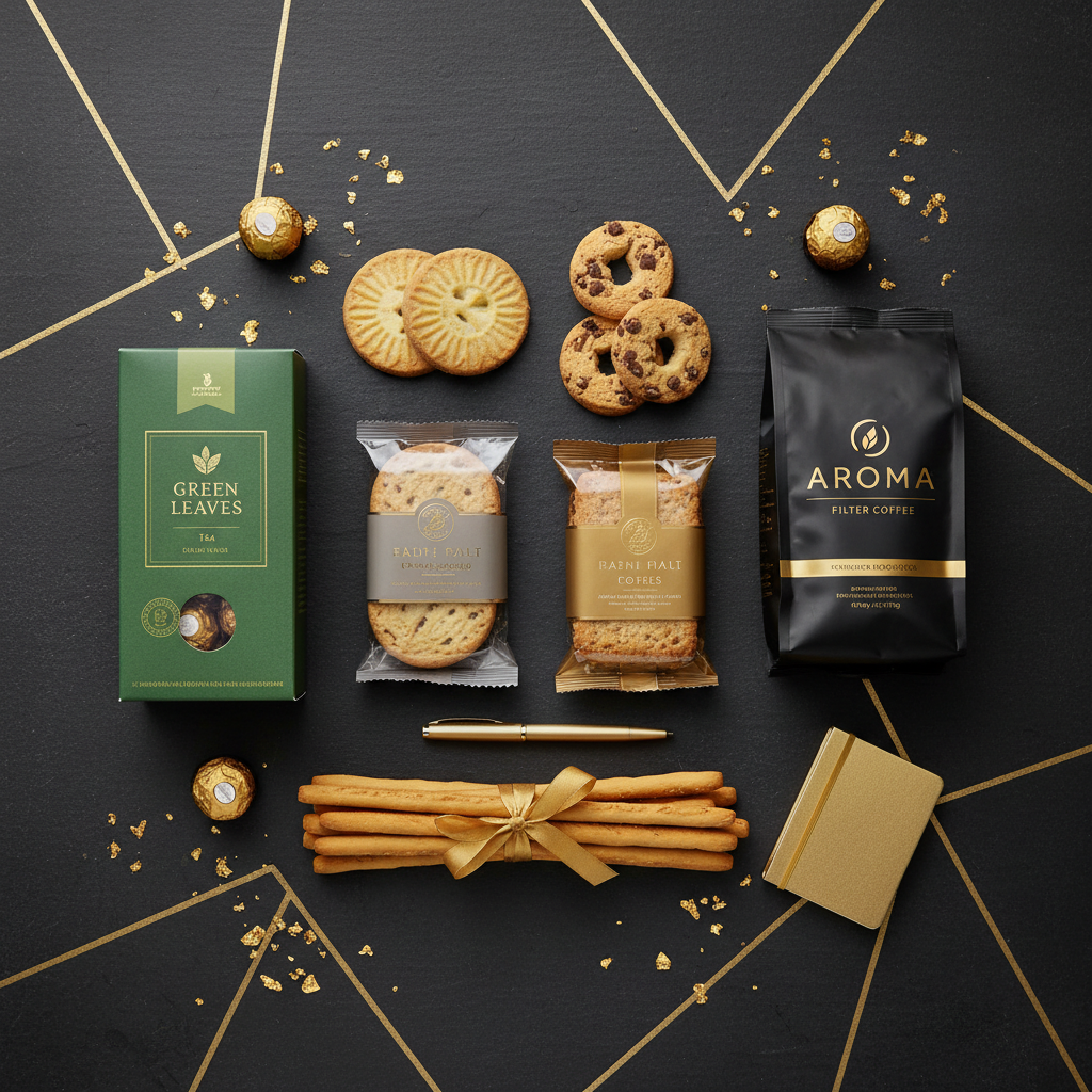 Corporate hamper flatlay on dark slate surface