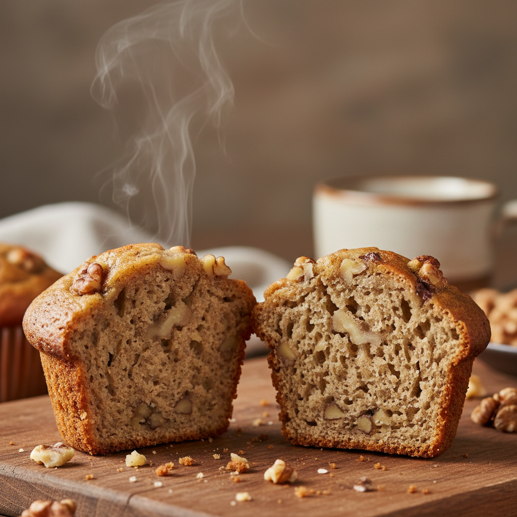 Banana muffin split open showing moist interior with walnuts