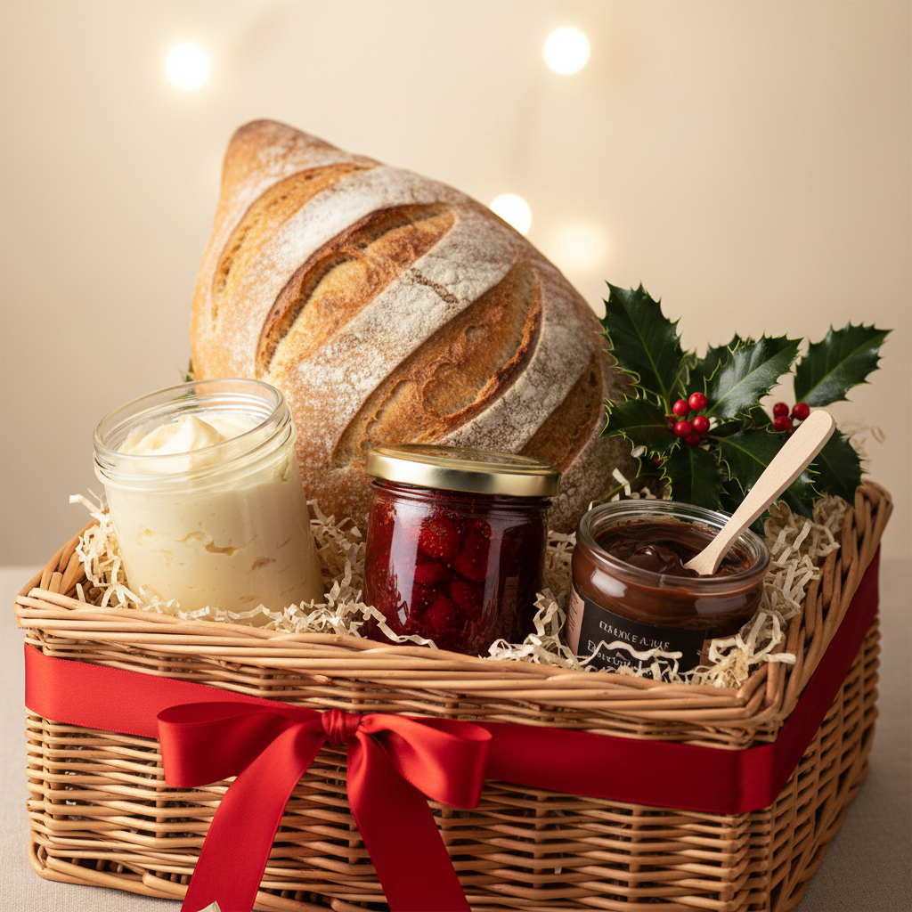 Festive bread and spreads hamper in decorated basket