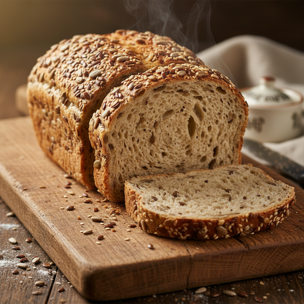 Seeded bread sliced showing seeds throughout crumb