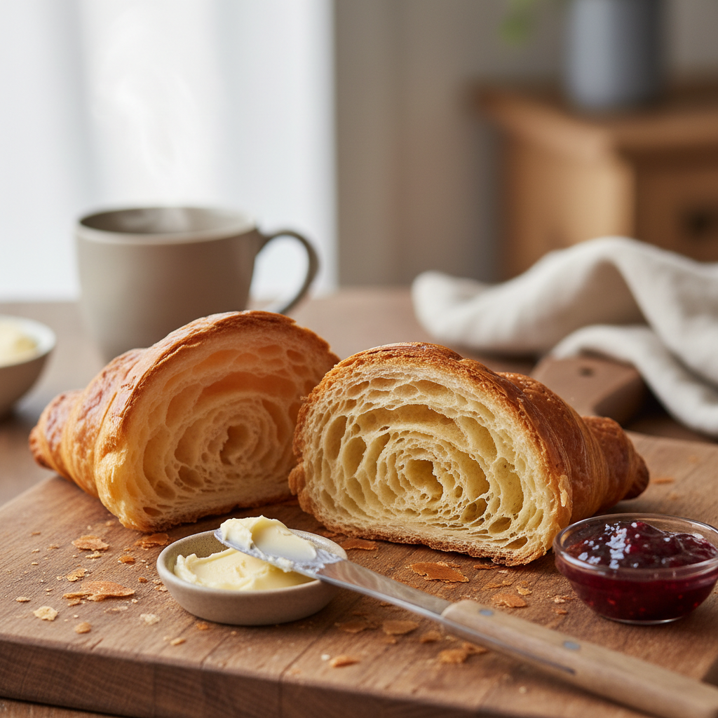 Croissant cut open showing flaky layers