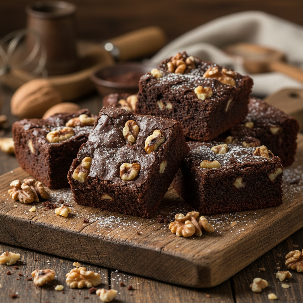 Walnut brownie squares on wooden board