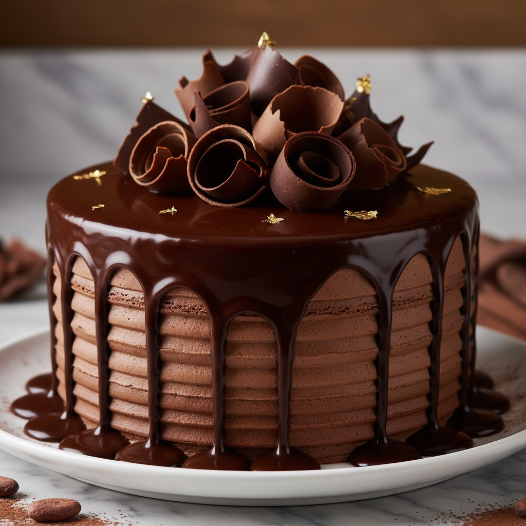 Chocolate cake with ganache drip and chocolate curls