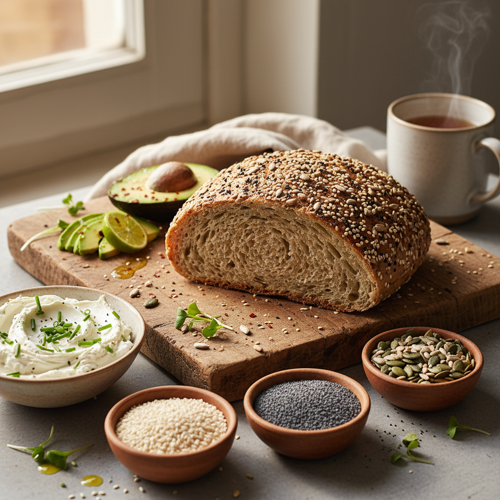 Seeded bread lifestyle shot with seed bowls and avocado