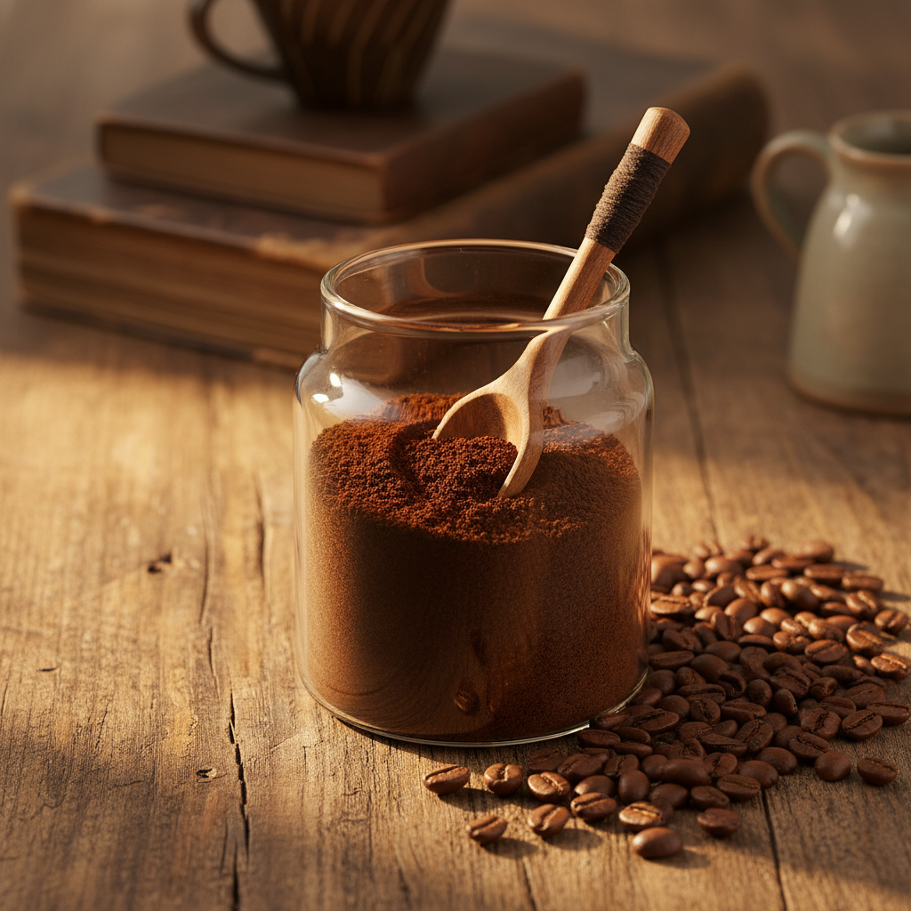 Glass jar of filter coffee powder with wooden spoon