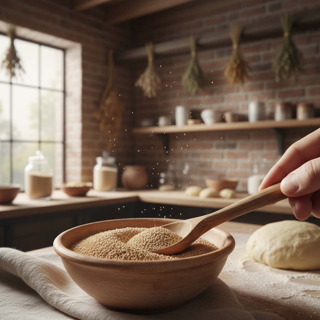 Instant yeast in ceramic bowl with wooden spoon