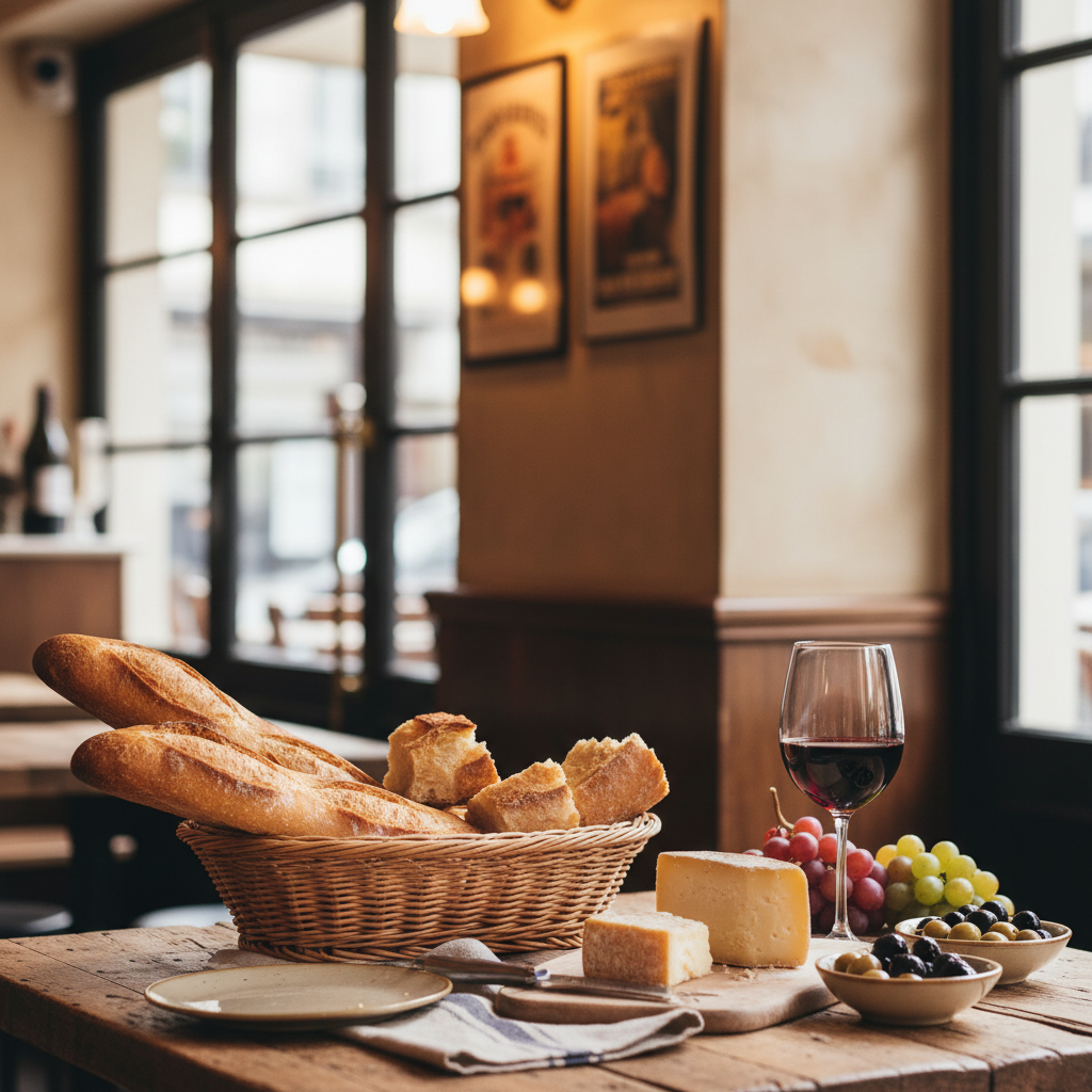 French baguette lifestyle shot with cheese and wine
