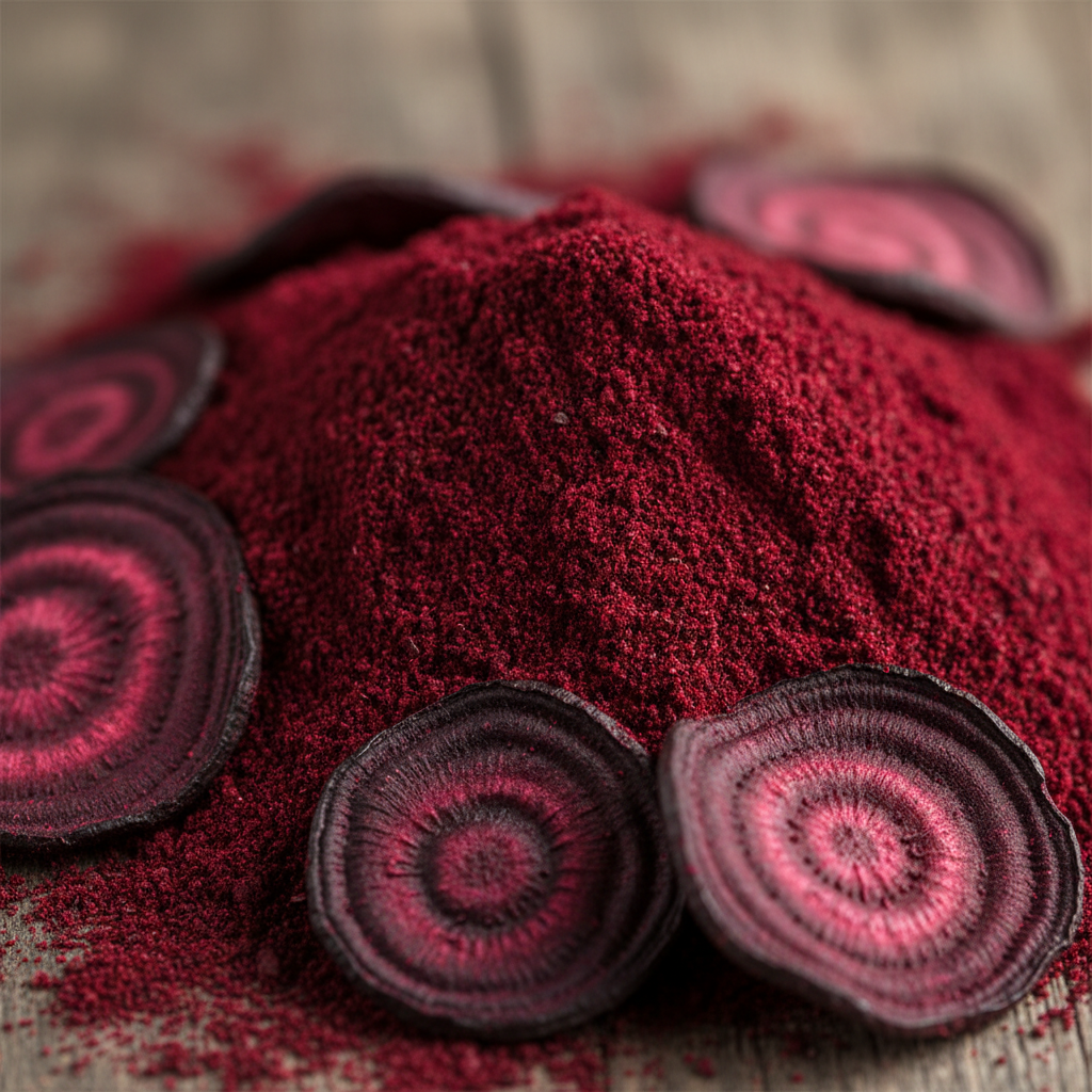 Close-up of organic beetroot red color powder