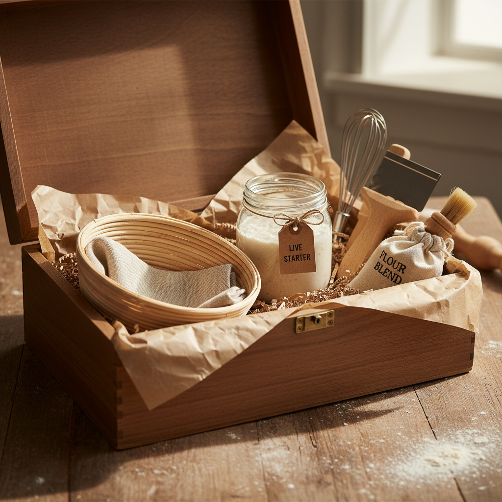 Sourdough gift kit open box with tools and starter jar
