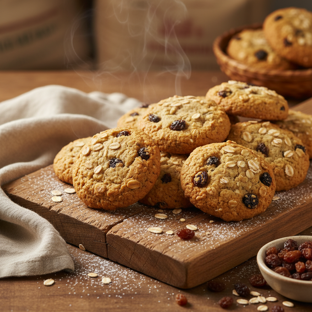 Oatmeal cookies on rustic wooden board