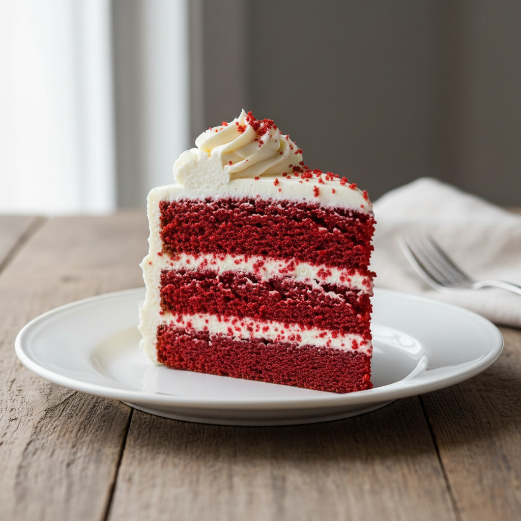 Slice of red velvet cake showing red sponge layers