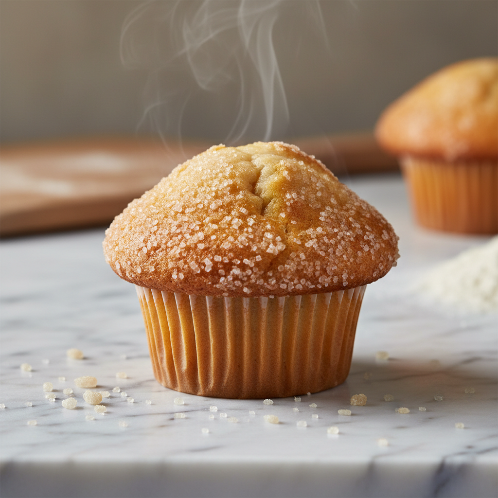 Freshly baked vanilla muffin with sugar crust on white marble