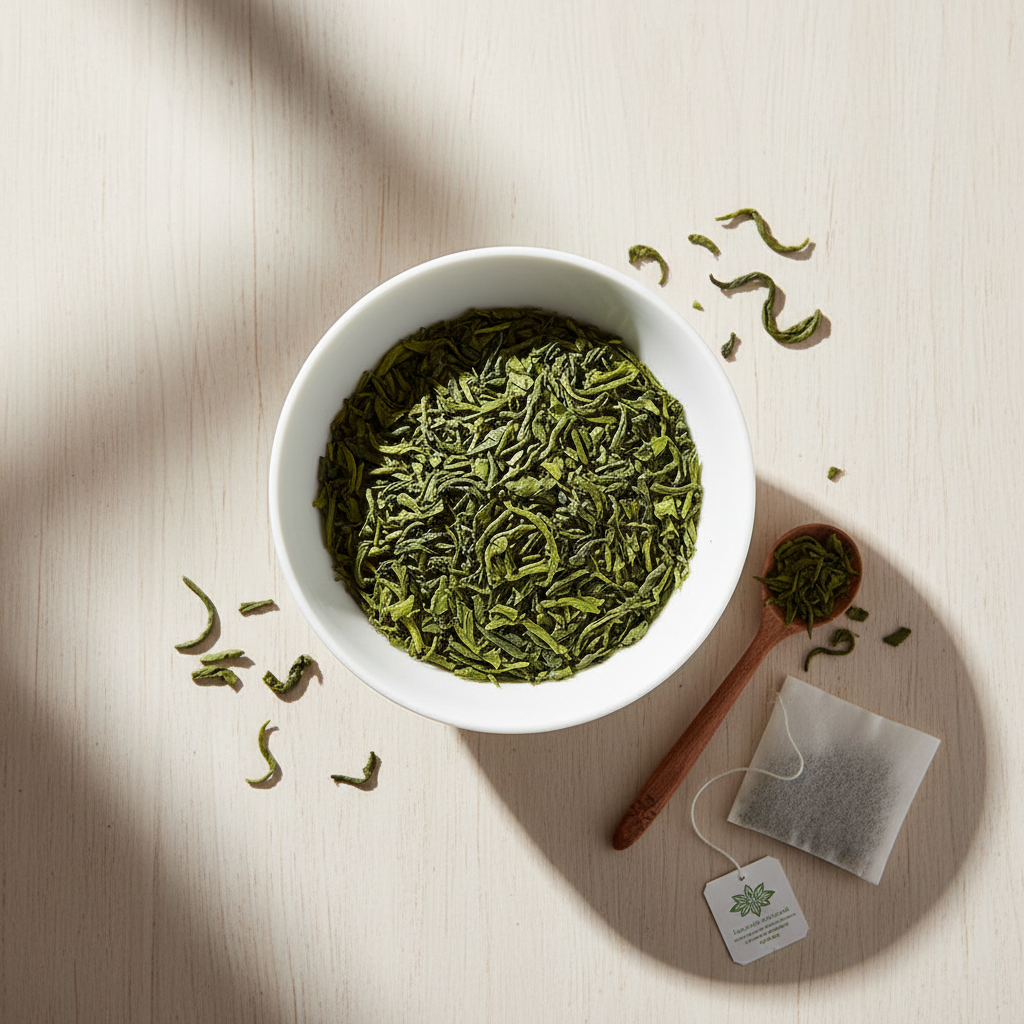 Green Tea leaves flat lay