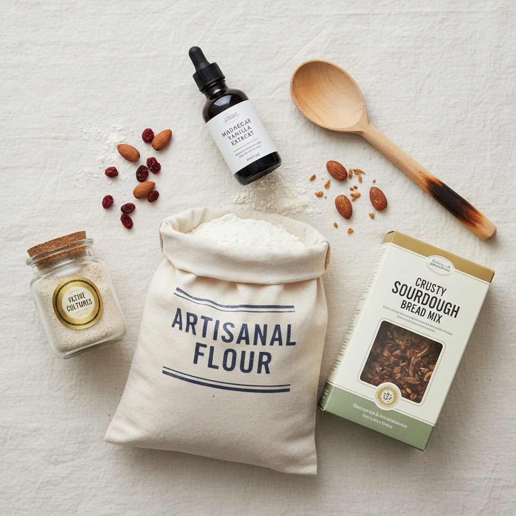 Baker's starter hamper flat lay on cream background
