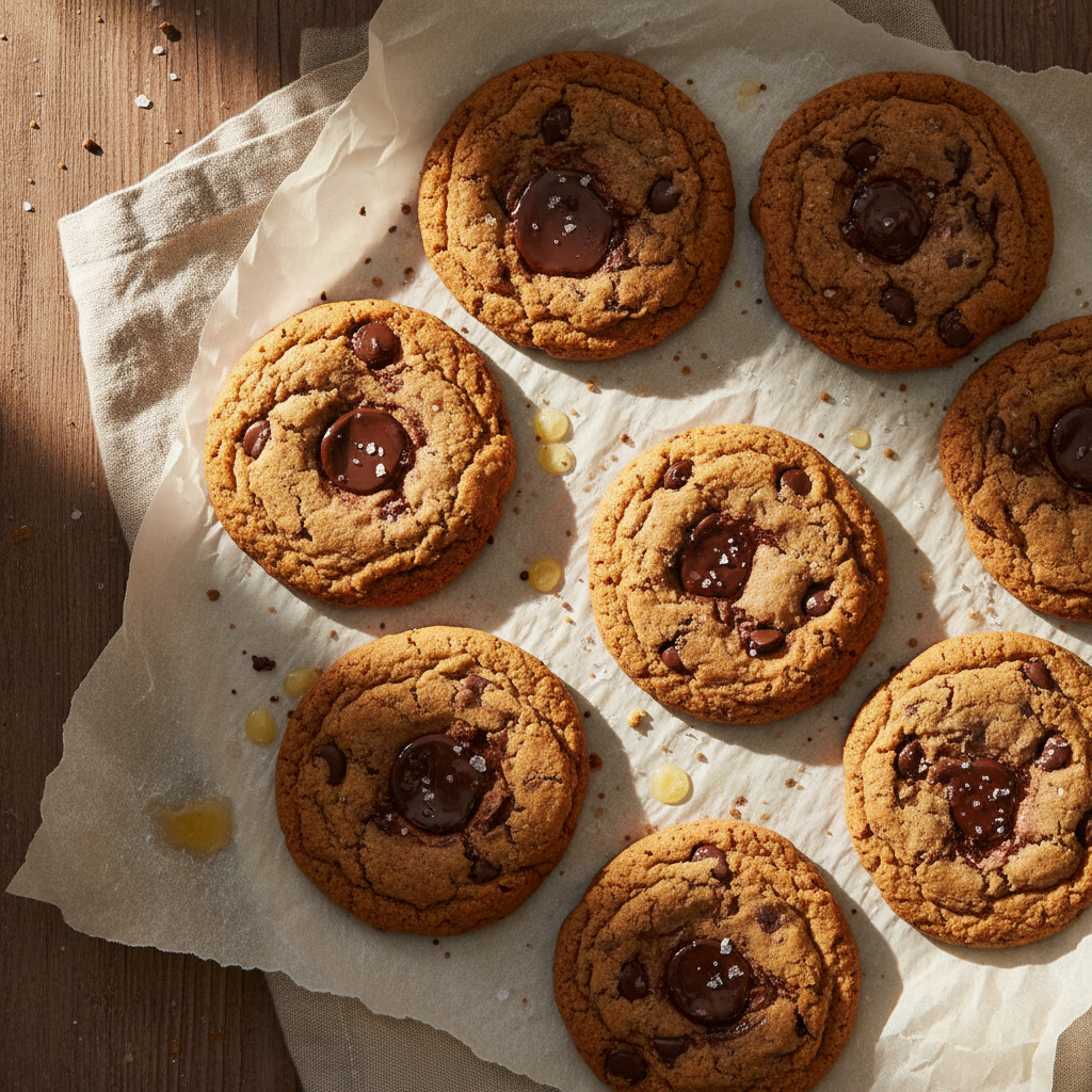 Chocolate chip cookies flat lay on parchment paper