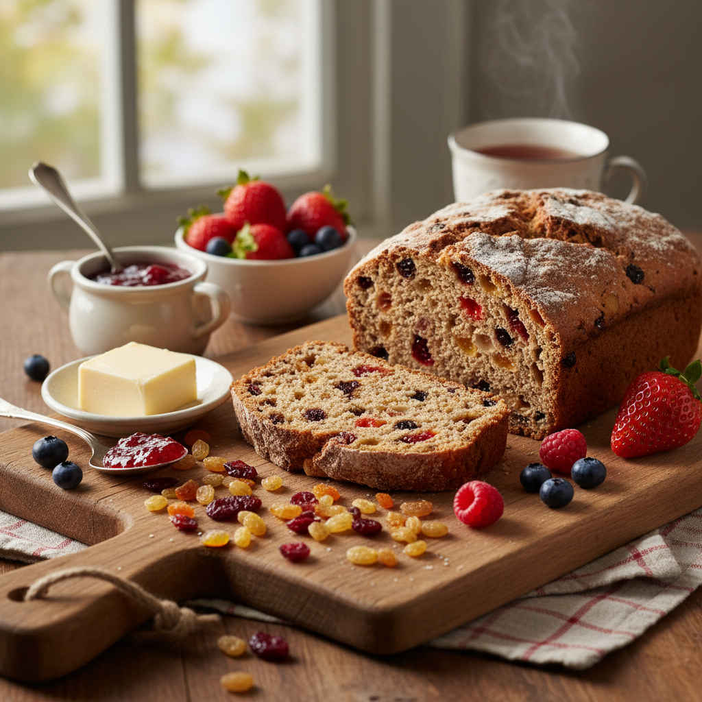 Fruit bread lifestyle shot with jam and berries