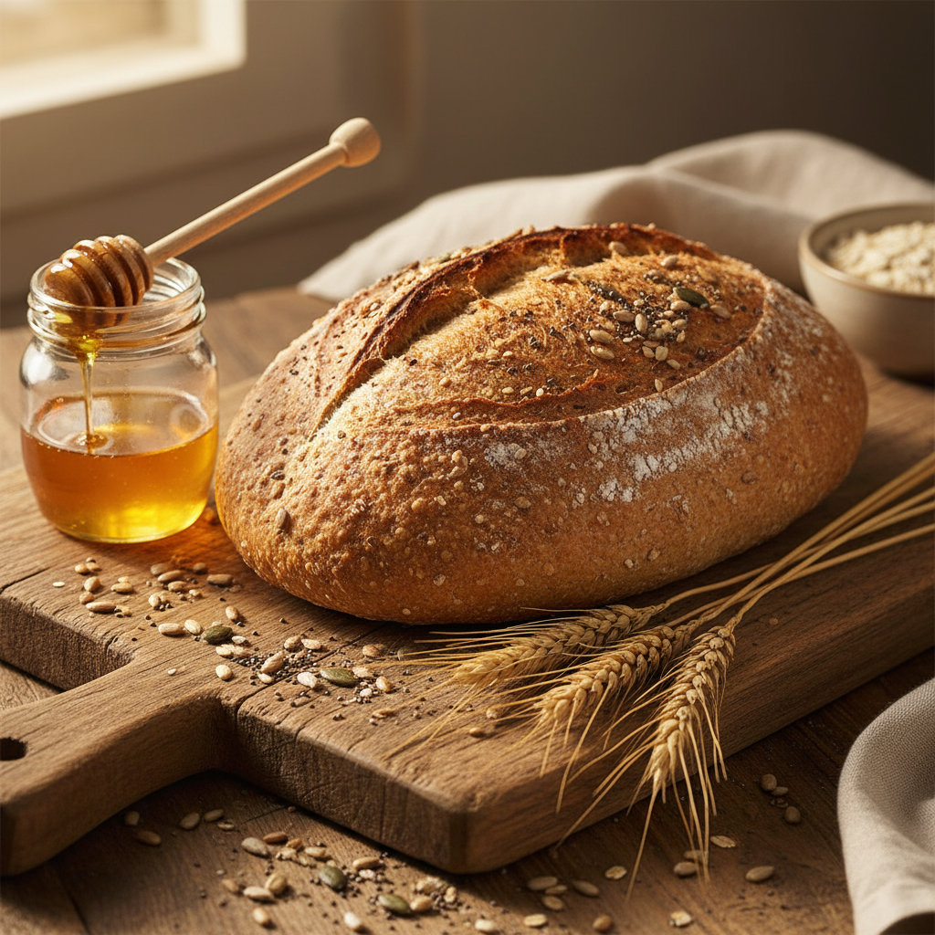 Whole wheat bread lifestyle shot with honey and seeds