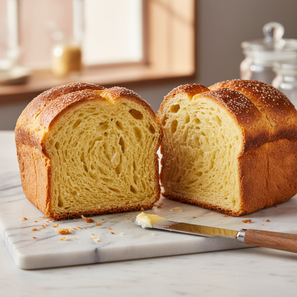Brioche sliced showing buttery soft interior