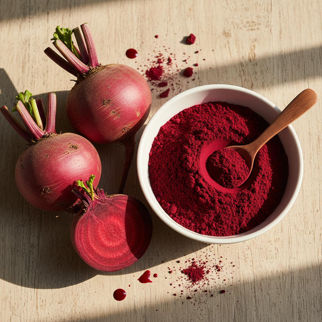 Beetroot juice powder flat lay