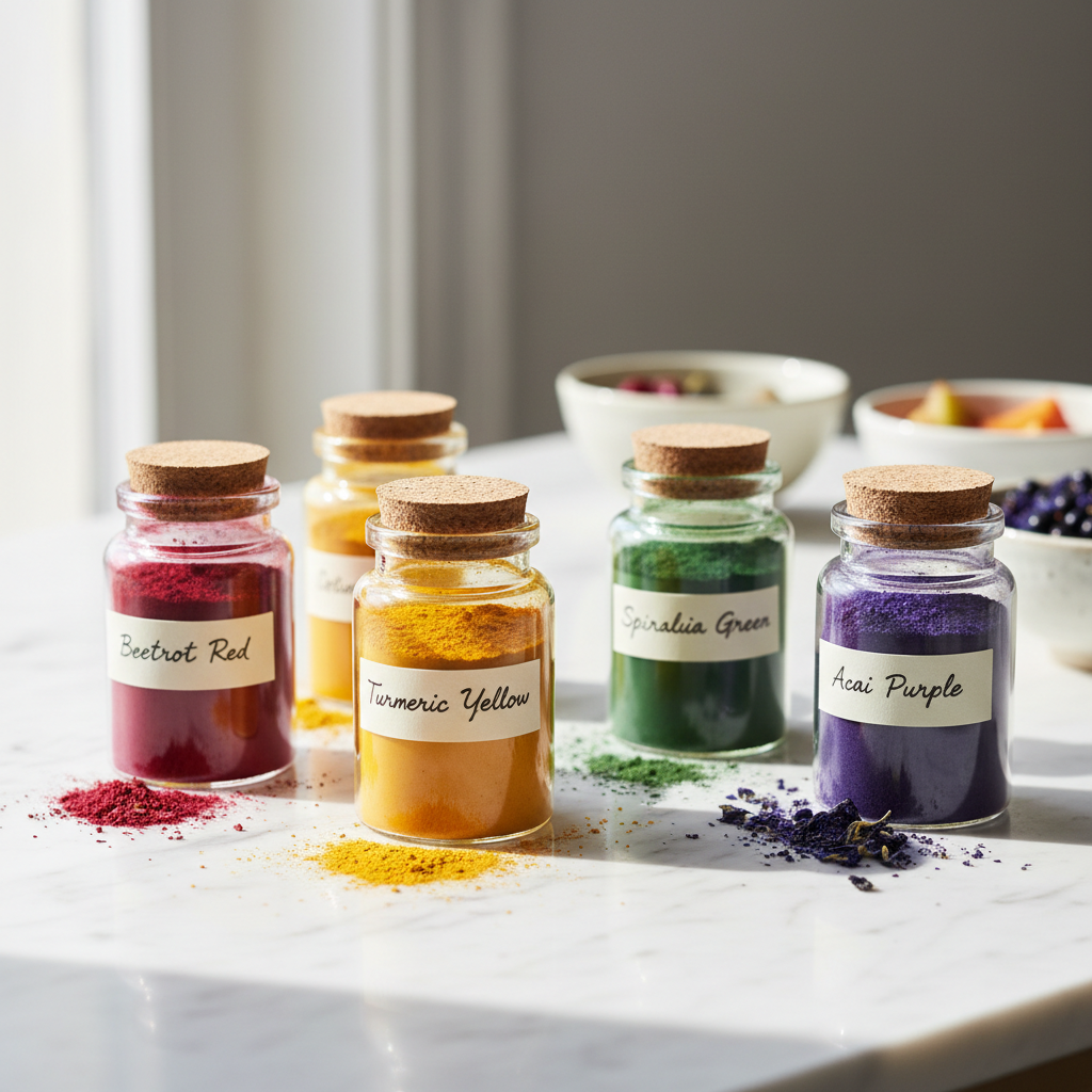 Organic natural food color set with botanical extracts in glass jars
