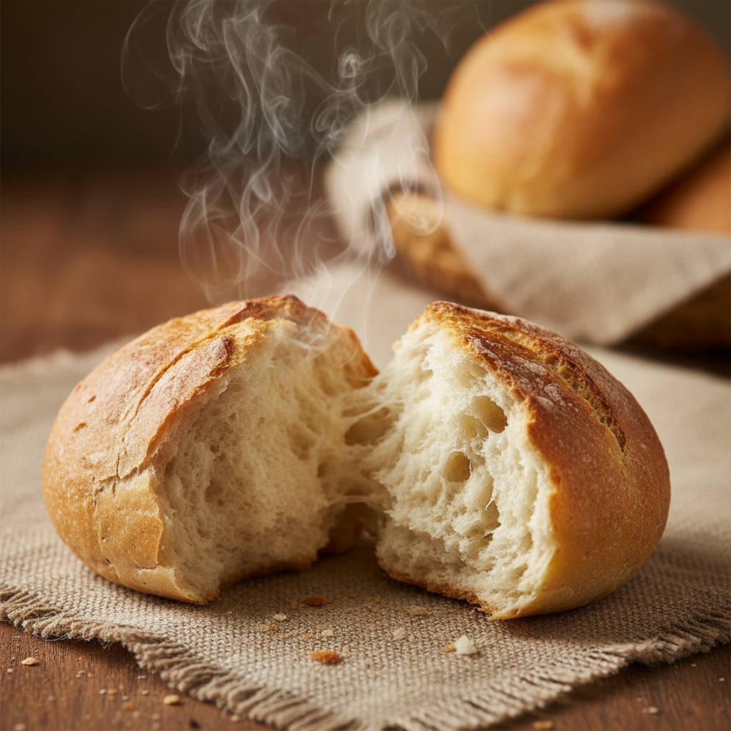 Dinner roll torn open showing fluffy interior