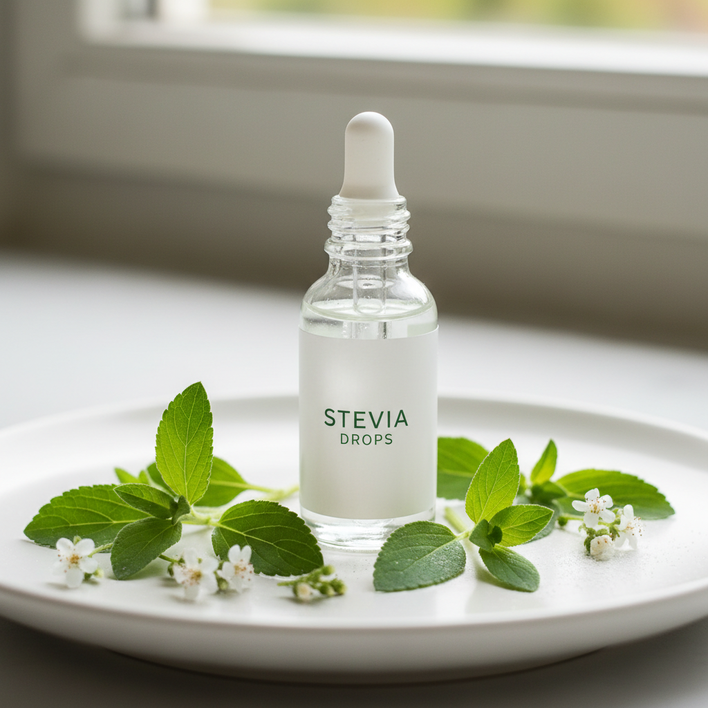 Stevia drops bottle with fresh green stevia leaves
