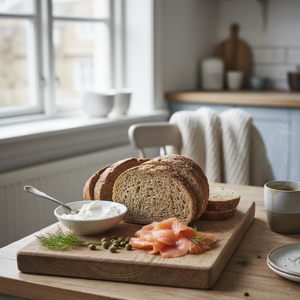 Rye bread lifestyle shot with cream cheese and smoked salmon