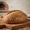 Freshly baked multigrain bread loaf with seeds on top
