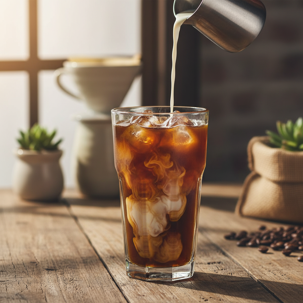 Cold brew coffee with milk pour swirl