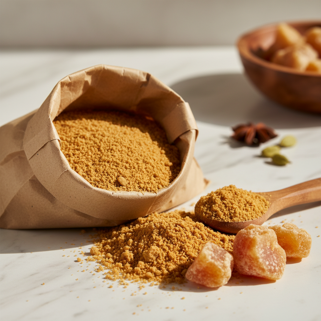Kraft paper bag of organic jaggery powder with raw jaggery